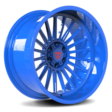 Custom blue 20-inch H-type deep dish forged wheel, aggressive design for truck and car customization.